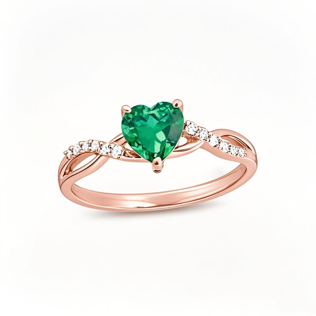 14K Rose Gold Heart Cut Emerald & 0.05 CT.T.W. Round Diamond Twist Shank Engagement Band-1