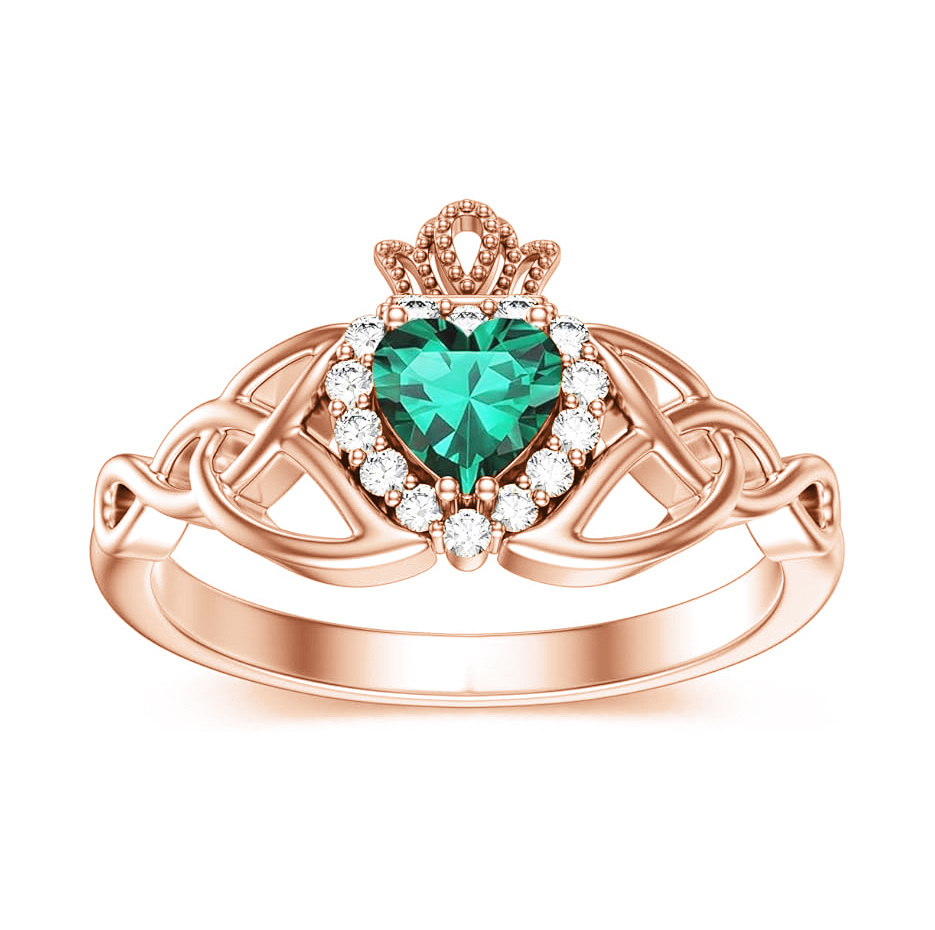 Anillo de compromiso Claddagh con nudo celta de diamantes y esmeralda de corte corazón en oro rosa de 18 quilates (0,1 ct. de peso total)-1
