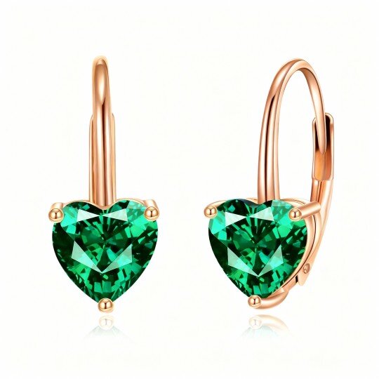 10K Rose Gold Heart Cut Emerald Heart Lever-back Earrings