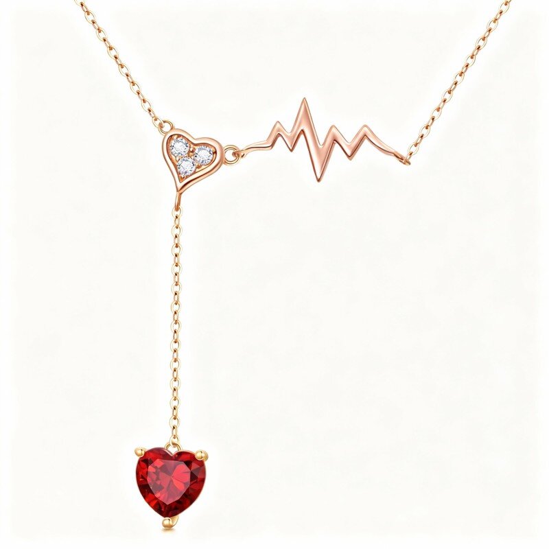 10K Rose Gold Heart Cut Cubic Zirconia & Garnet Electrocardiogram & Heart Pendant Necklace-1