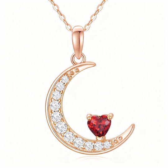 Collar con colgante de corazón y luna de granate talla corazón en oro rosa de 10 quilates