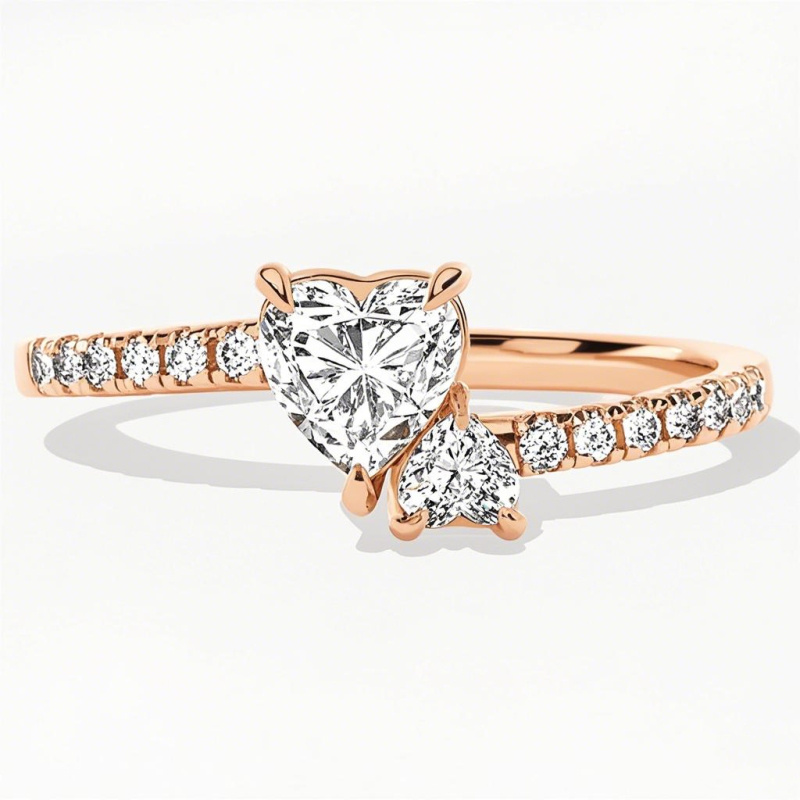 14K Rose Gold Two Heart Cut Halo Moissanite Engagement Ring-1