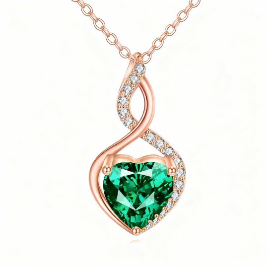 10K Rose Gold Heart Cut Lab Created Emerald Heart & Infinity Symbol Pendant Necklace