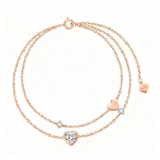 سوار من الذهب الوردي عيار 10 قيراط مرصع بالزركونيا المكعبة على شكل قلب ومتعدد الطبقات