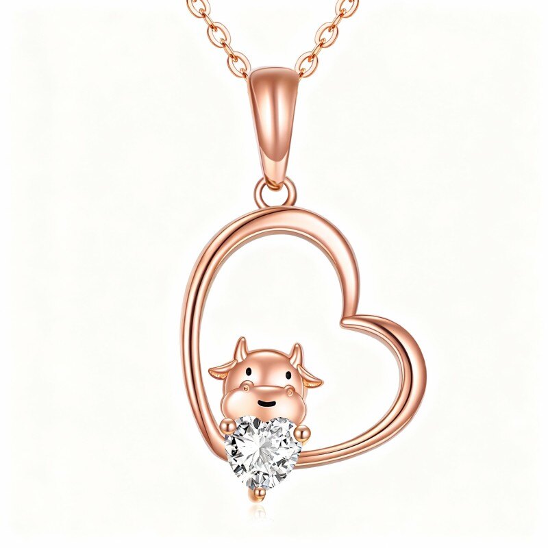 10K Rose Gold Heart Cut Moissanite Cow & Heart Pendant Necklace-1