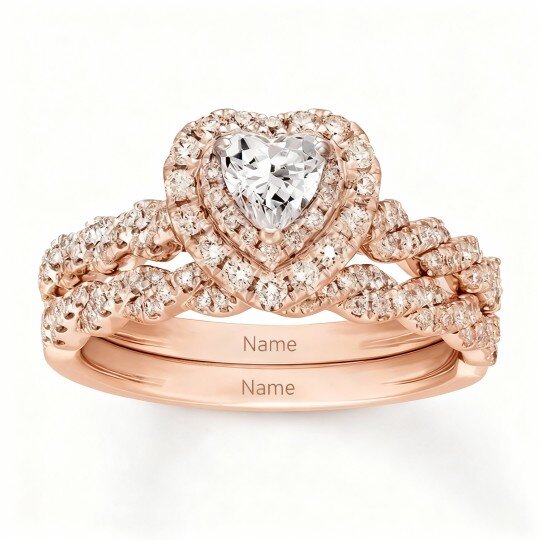 Anillo de compromiso con grabado personalizado en oro rosa de 10 quilates con moissanita talla corazón