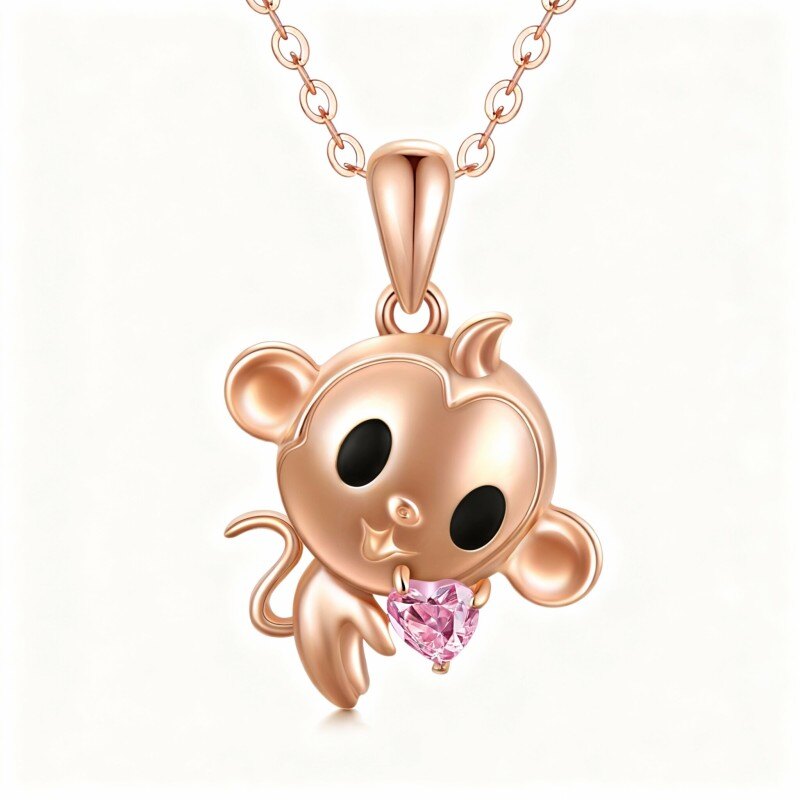Naszyjnik z wisiorkiem w kształcie małpy z 10-karatowego różowego złota z cyrkoniami sześciennymi w szlifie serca-1