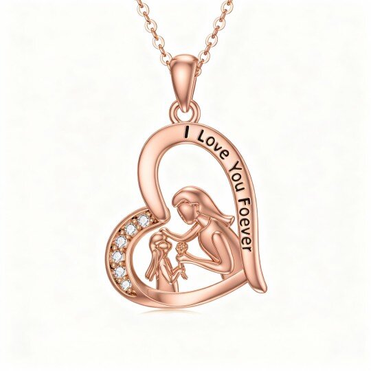 Halskette aus 10-karätigem Roségold mit herzförmigem Zirkonia-Anhänger „Mutter & Tochter & Herz“