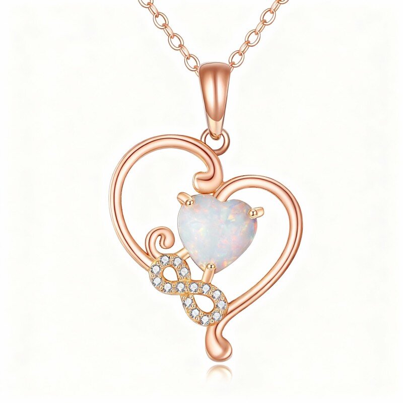 Colar com pendente coração em ouro rosa 18K com opala lapidada em forma de coração e símbolo do infinito-1
