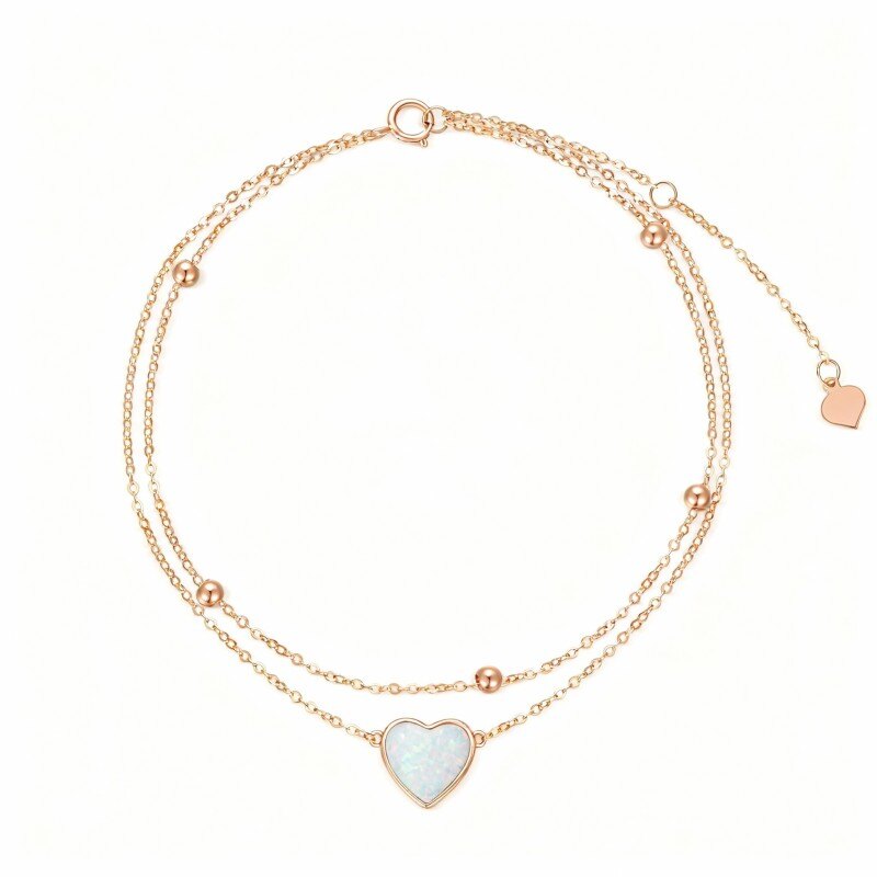 10K Rose Gold Heart Cut Opal Heart Multi-layered Charm Anklet-1