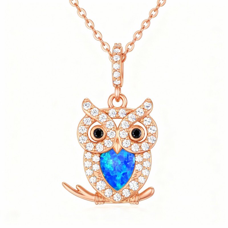 10K Rose Gold Heart Cut Opal Owl Pendant Necklace-1