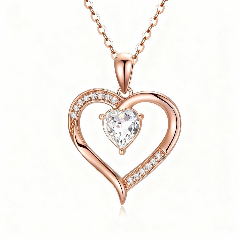 Collar con colgante de corazón de circonita cúbica tallada en oro rosa de 14 quilates-1