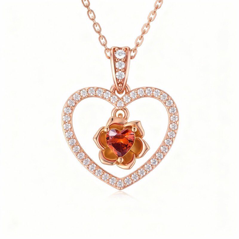 14K Rose Gold Heart Cut Cubic Zirconia Rose & Heart Pendant Necklace-1