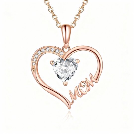 10K Rose Gold Heart Cut Cubic Zirconia Heart Pendant Necklace with Engraved Word