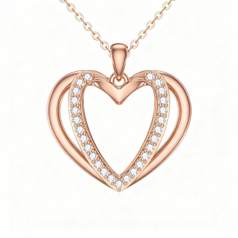 10K Rose Gold Heart Cut Cubic Zirconia Heart Pendant Necklace-1