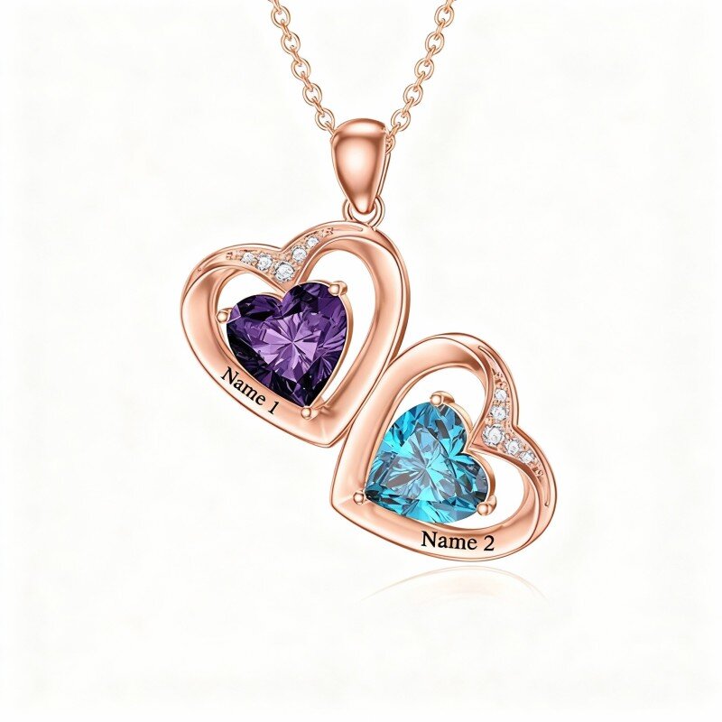 10K Rose Gold Heart Cut Cubic Zirconia Personalized Birthstone & Personalized Classic Name & Heart Pendant Necklace-1