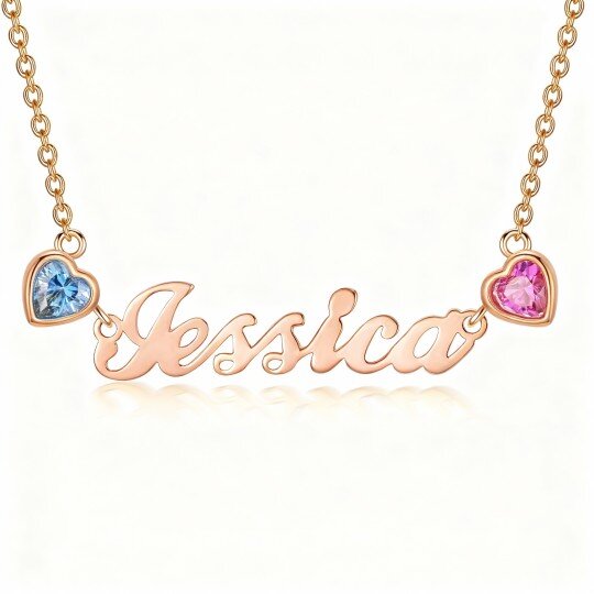 Collar con colgante de corazón personalizado con circonita cúbica tallada en oro rosa de 10 quilates, piedra natal y nombre clásico personalizado.