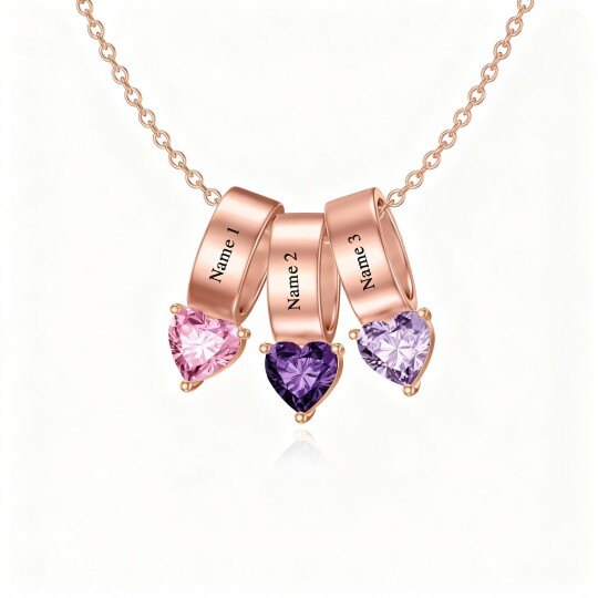 Collar con colgante de oro rosa de 10 quilates con circonita cúbica talla corazón, piedra natal personalizada y nombre clásico personalizado.