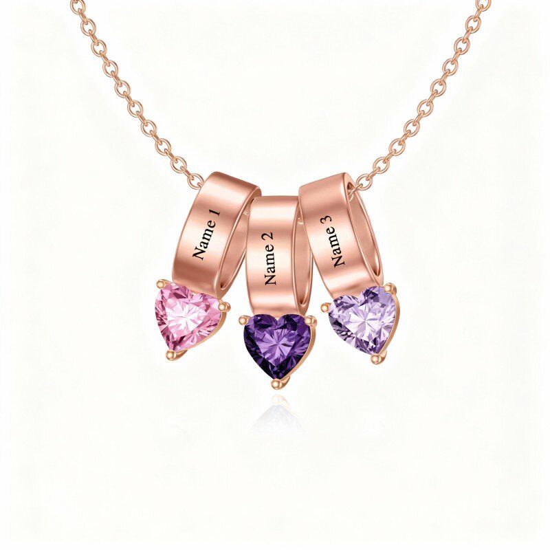 Collar con colgante de circonita cúbica talla corazón en oro rosa de 14 quilates, piedra natal personalizada y nombre clásico personalizado.-1