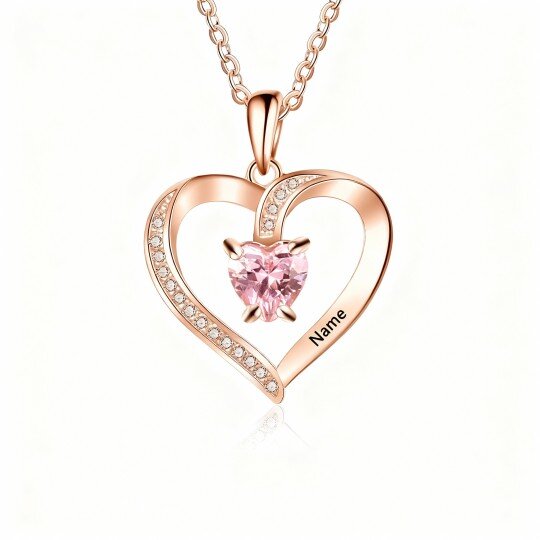 Colar com pendente em forma de coração em ouro rosa 10K com zircónias cúbicas, pedra de nascimento personalizada, gravação personalizada e homenagem ao Dia da Mãe.
