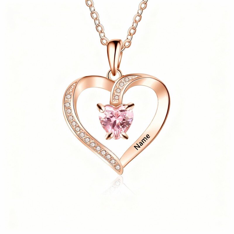 10K Rose Gold Heart Cut Cubic Zirconia Personalized Birthstone & Personalized Engraving & Mother Pendant Necklace-1