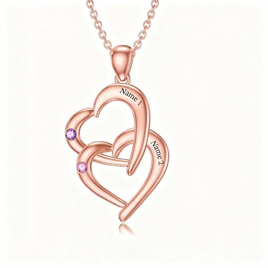 Collar con colgante de corazón en oro rosa de 10 quilates con circonita cúbica tallada, piedra natal personalizada y grabado personalizado.