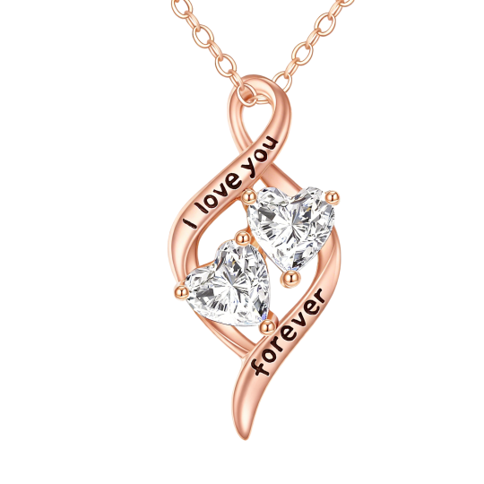 Personalisierte Halskette aus 10-karätigem Roségold mit herzförmigem Zirkonia-Anhänger, Geburtsstein, Herz und Unendlichkeitssymbol sowie eingraviertem Wort
