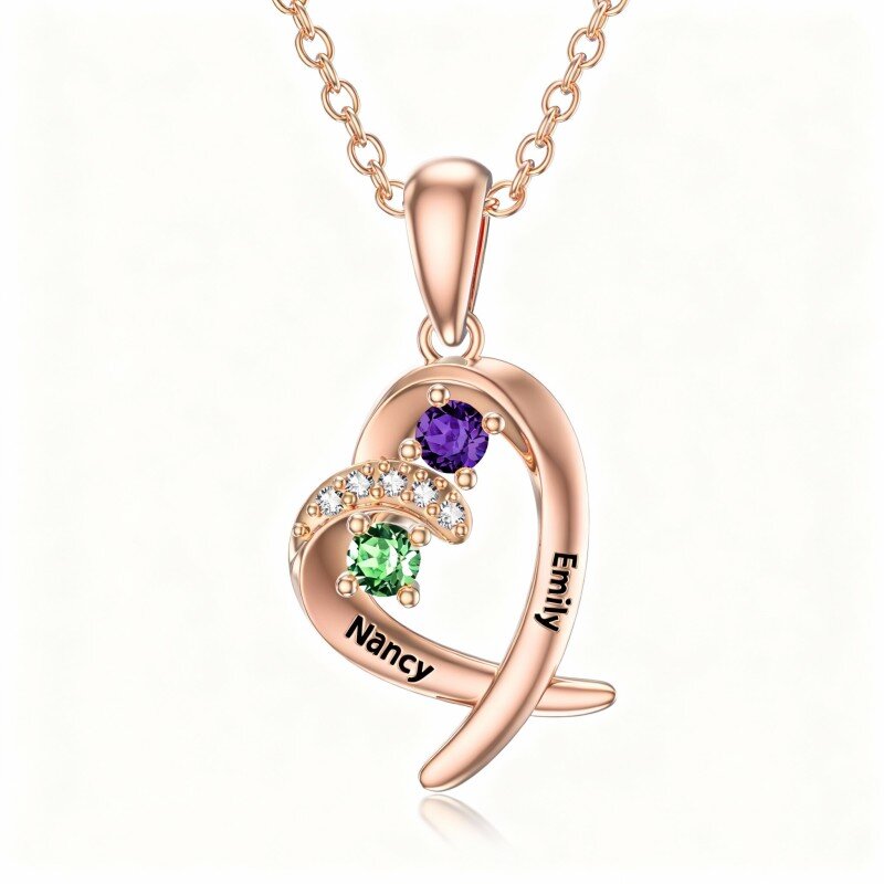 14K Rose Gold Heart Cut Cubic Zirconia Personalized Birthstone Pendant Necklace-1