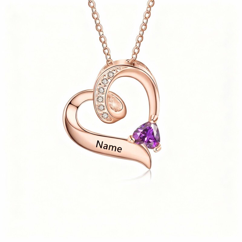 10K Rose Gold Heart Cut Cubic Zirconia Personalized Birthstone & Heart Pendant Necklace-1