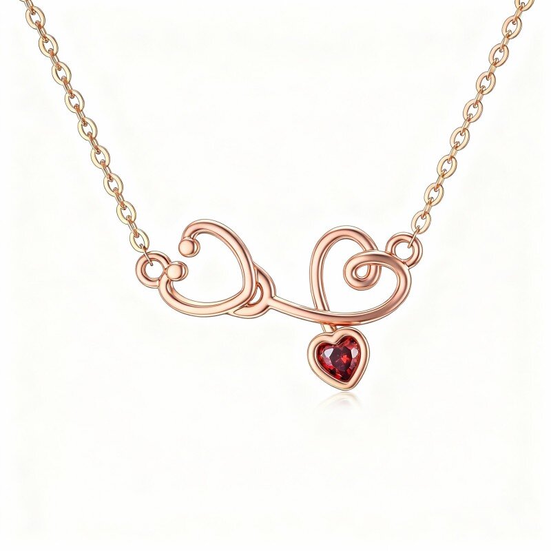 14K Rose Gold Heart Cut Cubic Zirconia Heart & Stethoscope Pendant Necklace-1
