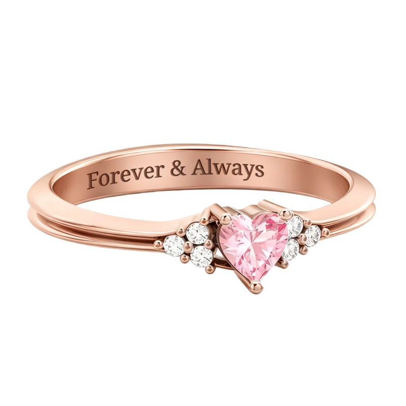 Bague personnalisée en or rose 10 carats avec tourmaline taille cœur et gravure personnalisée (pierre de naissance).-17