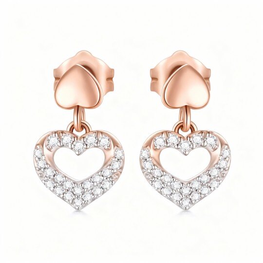 Pendientes colgantes de corazón con circonitas cúbicas en oro rosa de 10 quilates