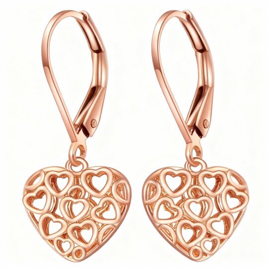 Pendientes colgantes de corazón con corazón en oro rosa de 10 quilates