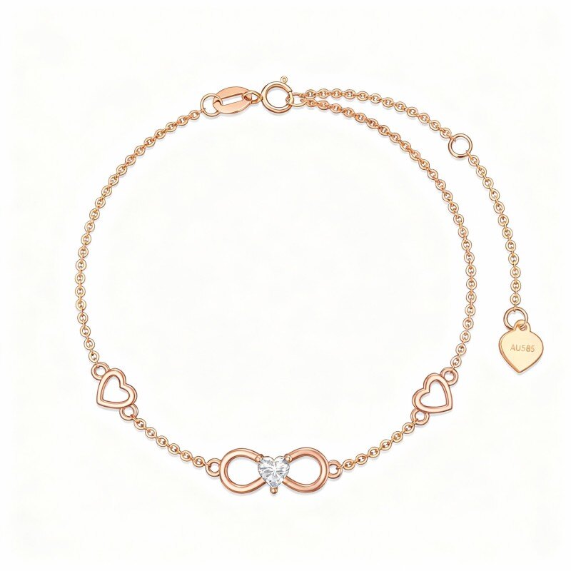 Pulsera con dije de corazón y símbolo de infinito en oro rosa de 18 quilates con circonitas cúbicas-1