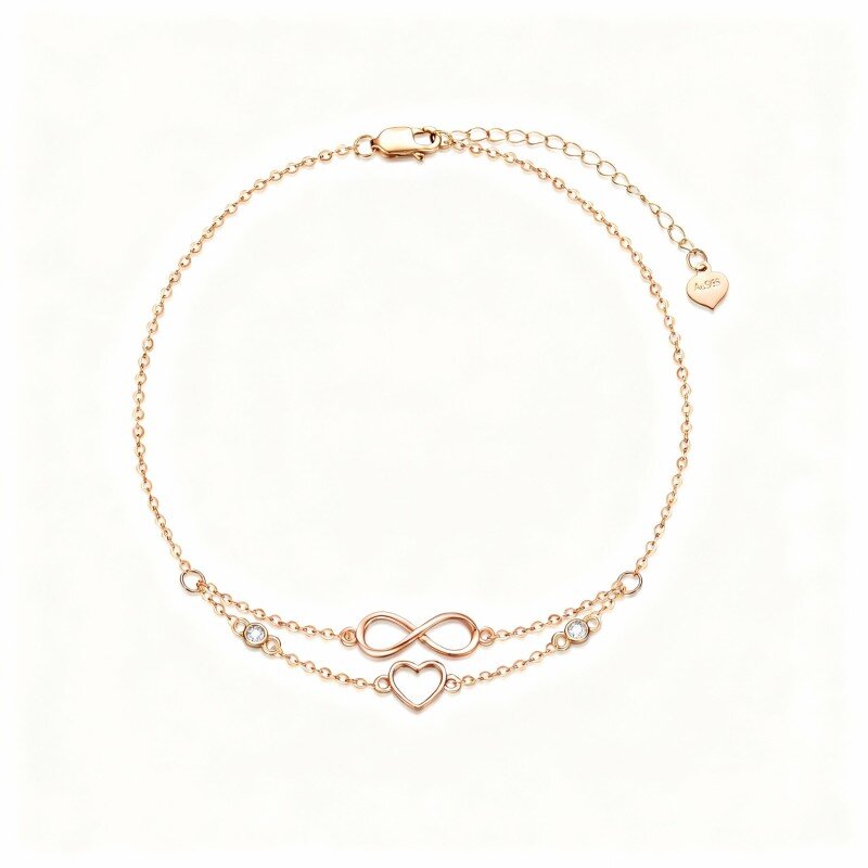 Bransoletka na kostkę z 14-karatowego różowego złota z cyrkoniami sześciennymi i symbolem nieskończoności, z wielowarstwową zawieszką-1