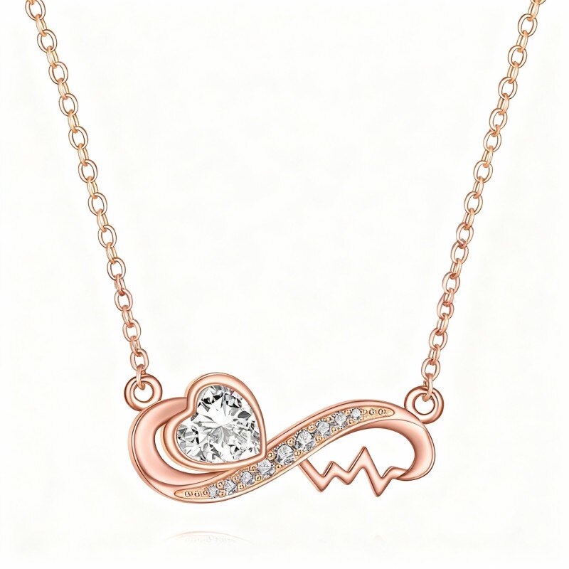 Collier pendentif en or rose 18 carats avec zircon cubique en forme de cœur et symbole de l'infini-1
