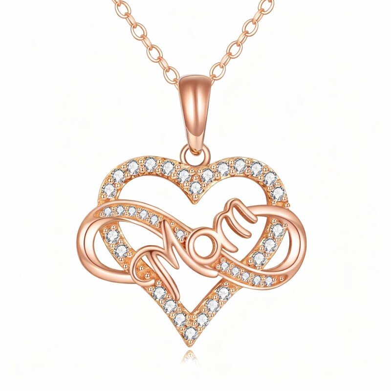 Collar con colgante de corazón y símbolo de infinito en oro rosa de 18 quilates con circonitas cúbicas y palabra grabada-1