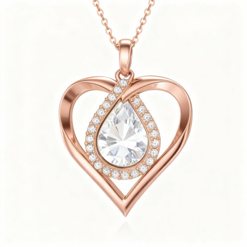 Colar com pendente coração e símbolo do infinito em ouro rosa 10K com zircónias cúbicas-1