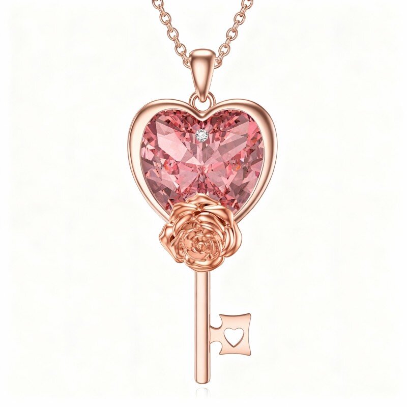 14K Rose Gold Cubic Zirconia Rose & Heart & Lock Pendant Necklace-1