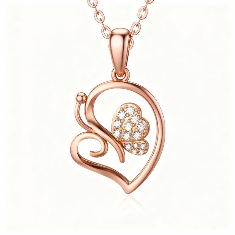 Collar con colgante de corazón de circonita cúbica en oro rosa de 10 quilates-1
