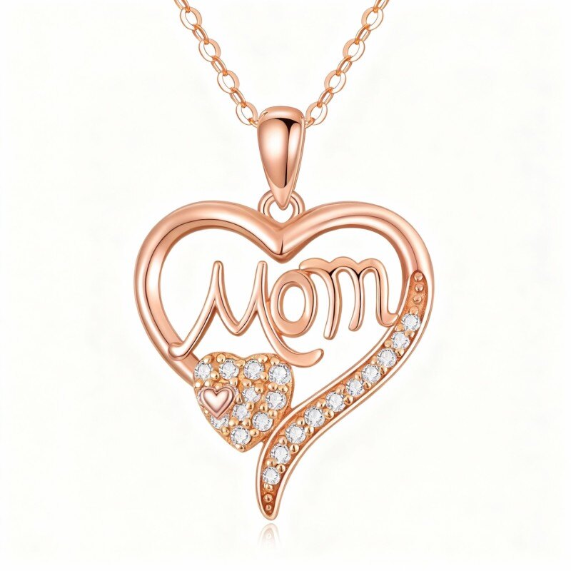 14K Rose Gold Cubic Zirconia Heart With Heart Pendant Necklace with Engraved Word-1