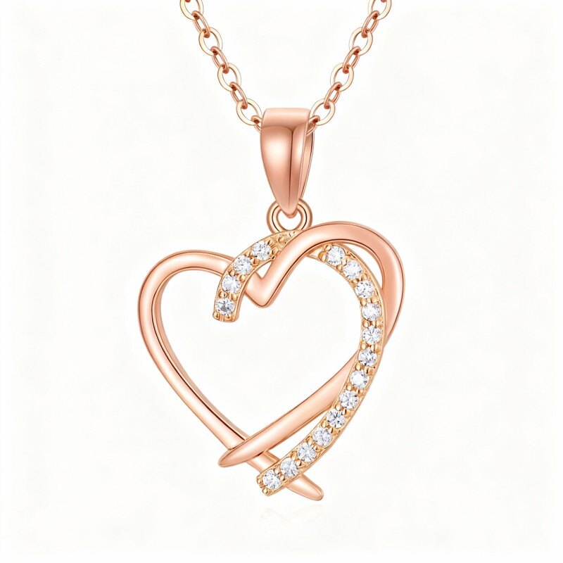 18K Rose Gold Cubic Zirconia Heart Pendant Necklace-1