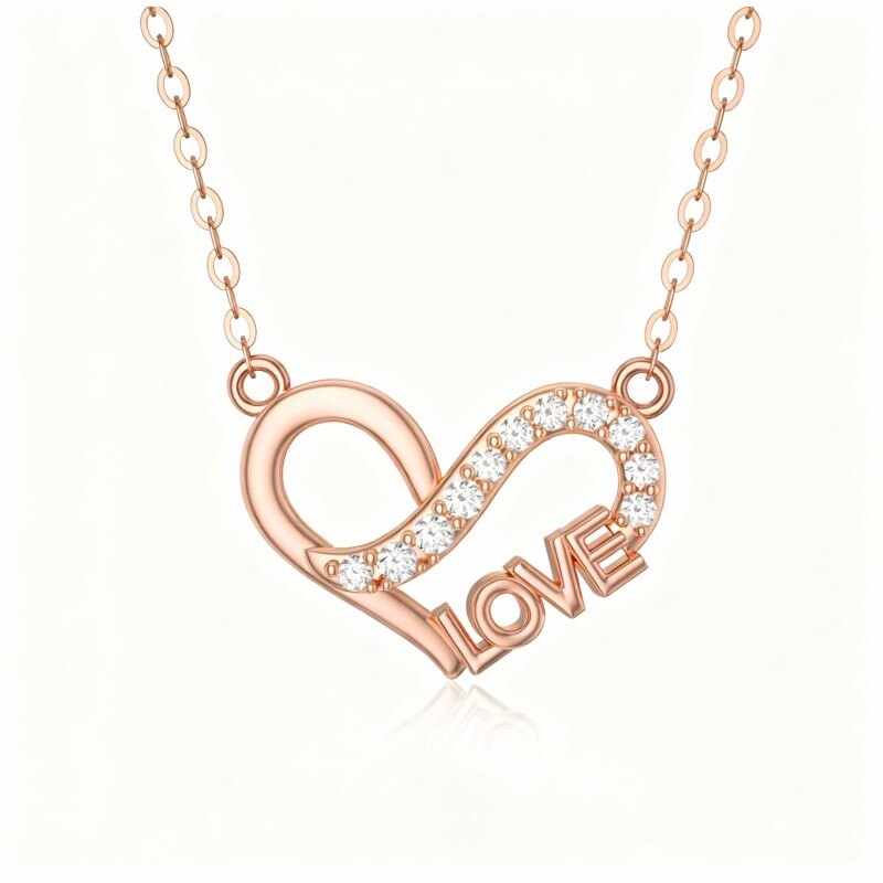 Collier pendentif cœur en or rose 10 carats et zircon cubique avec mot gravé-1