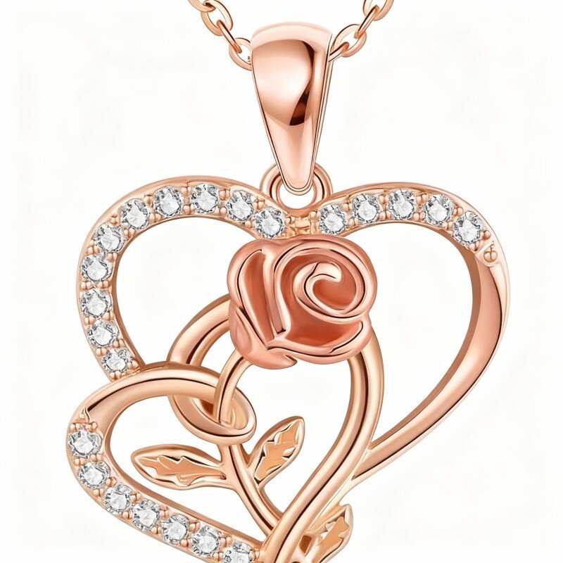 Halskette aus 18-karätigem Roségold mit Zirkonia-Rose und Herzanhänger-1