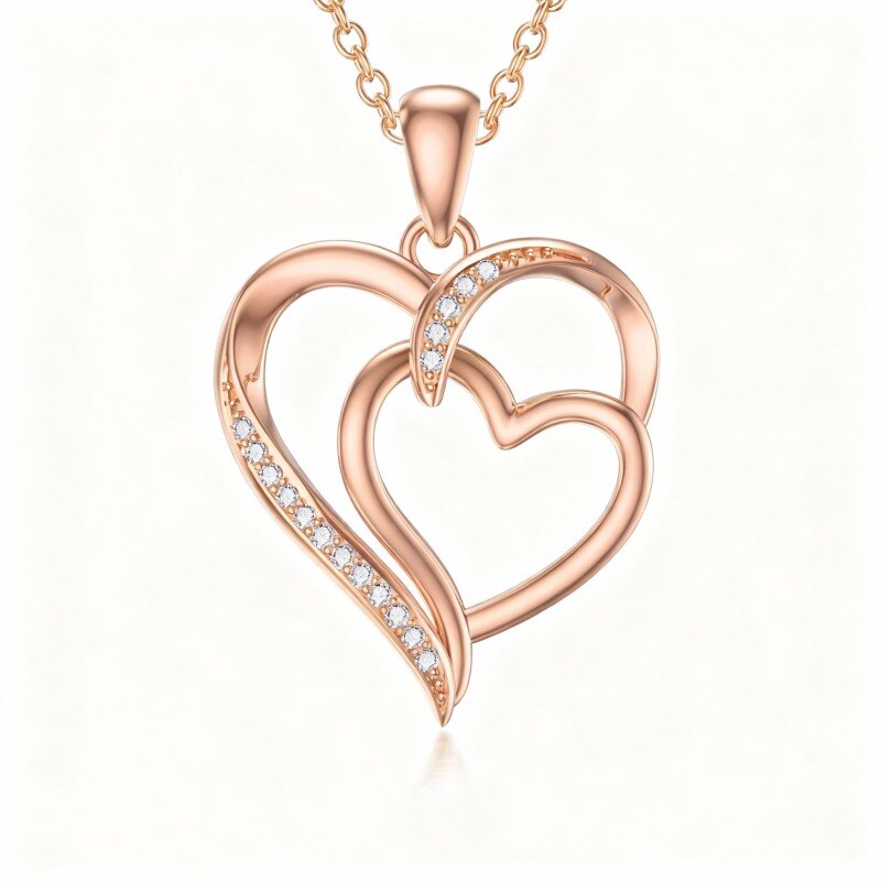 Collar con colgante de corazón con circonita cúbica en oro rosa de 10 quilates-1