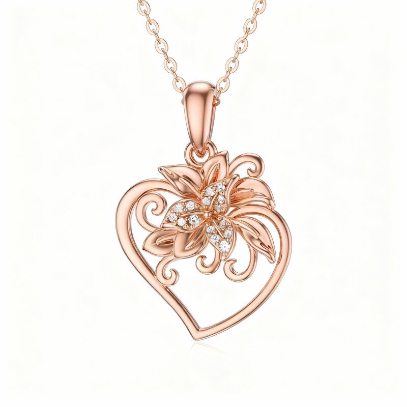 18K Rose Gold Cubic Zirconia Heart Pendant Necklace-1