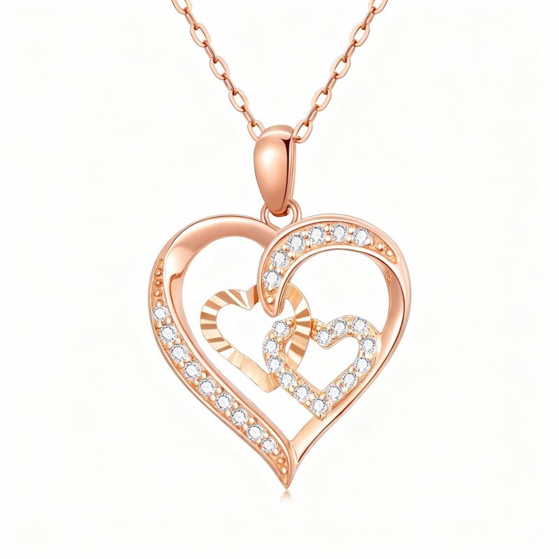 Colar com pendente coração em ouro rosa 14K e zircónias cúbicas-1