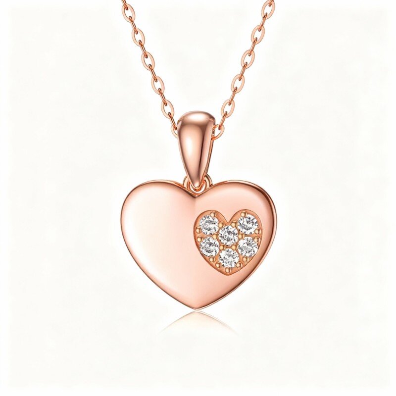 Collar con colgante de corazón de circonita cúbica en oro rosa de 14 quilates-1