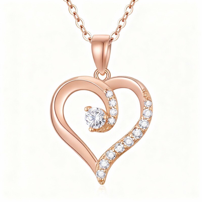 18K Rose Gold Cubic Zirconia Heart Pendant Necklace-1