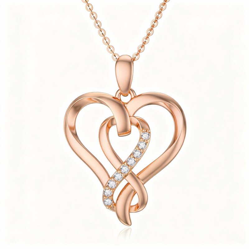 18K Rose Gold Cubic Zirconia Heart Pendant Necklace-1